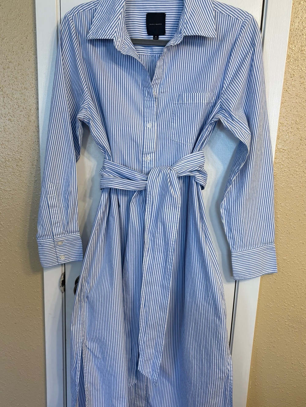 Alex Marie Light Blue & White Striped Shirt Dress with Waist Tie